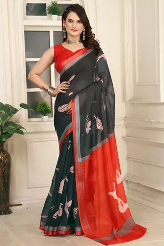 Black linen cotton printed saree