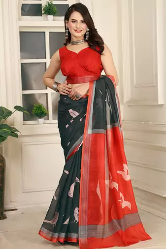 Black linen cotton printed saree
