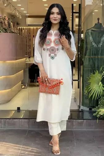 Off White Embroidered Cotton Flex Kurta and Pant Set