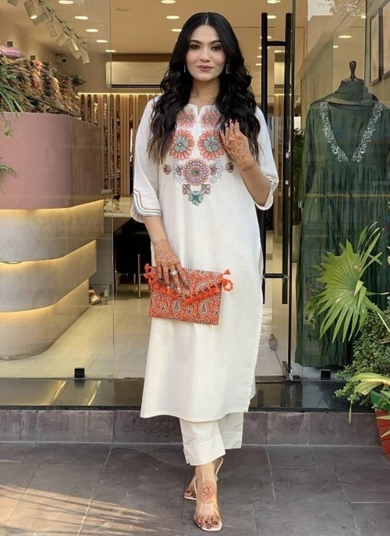 Off White Embroidered Cotton Flex Kurta and Pant Set