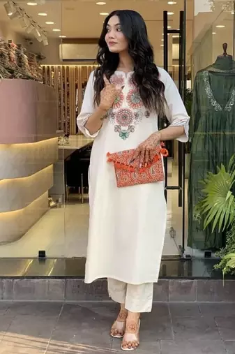 Off White Embroidered Cotton Flex Kurta and Pant Set