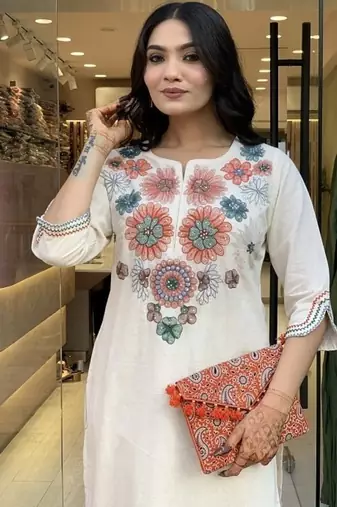 Off White Embroidered Cotton Flex Kurta and Pant Set