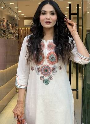 Off White Embroidered Cotton Flex Kurta and Pant Set 4