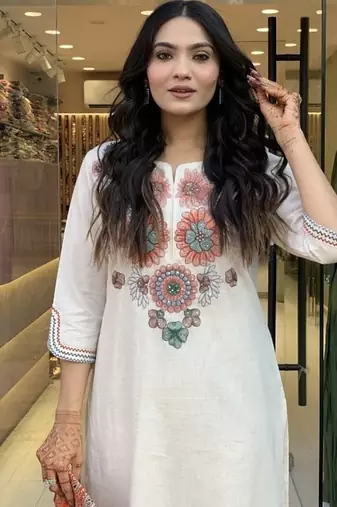 Off White Embroidered Cotton Flex Kurta and Pant Set