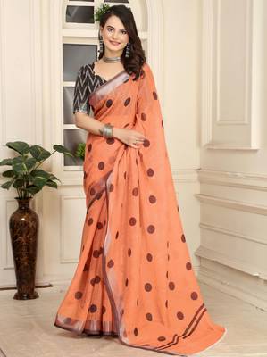 mustard linen cotton printed saree 1