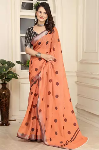 mustard linen cotton printed saree