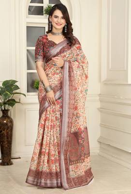 Cream linen cotton printed saree 1
