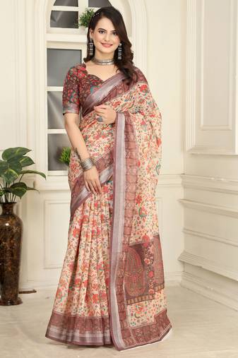 Cream linen cotton printed saree