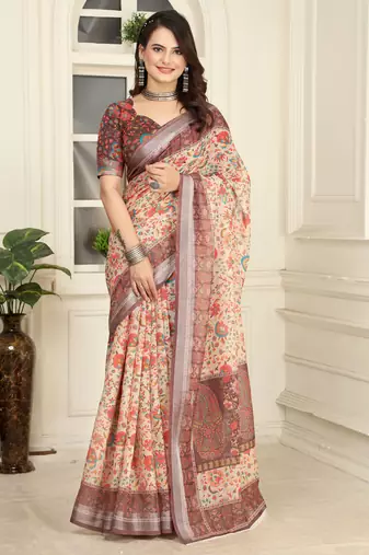 Cream linen cotton printed saree