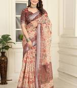 Cream linen cotton printed saree