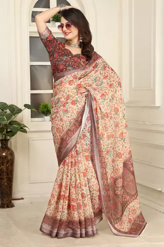 Cream linen cotton printed saree