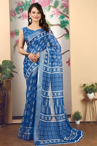 Blue linen cotton printed saree