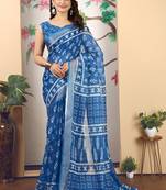 Blue linen cotton printed saree