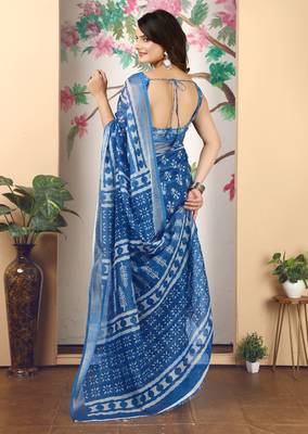 Blue linen cotton printed saree 2
