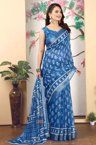 Blue linen cotton printed saree