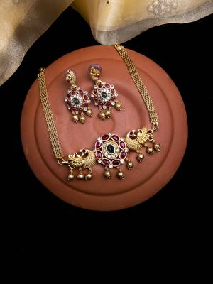 Unique gold plated kemp studded peacock choker set 1