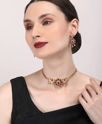 Unique gold plated kemp studded peacock choker set 2