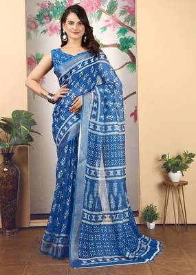 Blue linen cotton printed saree 5