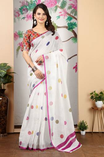 White linen cotton printed saree