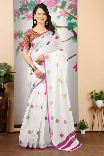 White linen cotton printed saree
