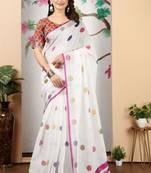 White linen cotton printed saree