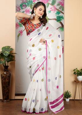 White linen cotton printed saree 3