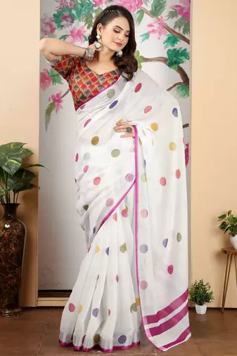 White linen cotton printed saree