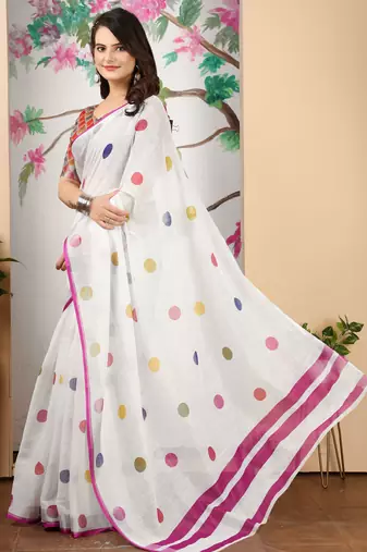 White linen cotton printed saree