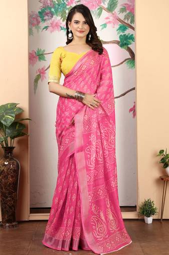 Pink linen cotton printed saree