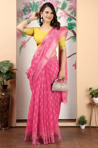 Pink linen cotton printed saree