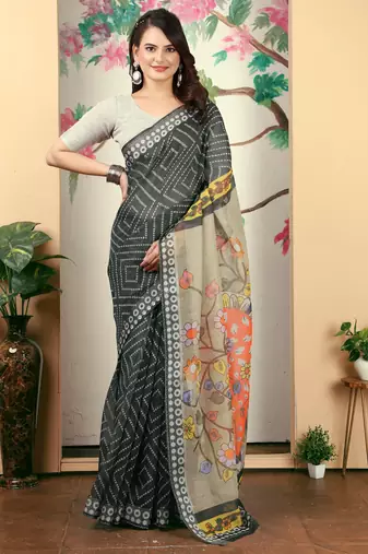 Black linen cotton printed saree