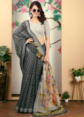 Black linen cotton printed saree 3