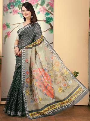 Black linen cotton printed saree 4