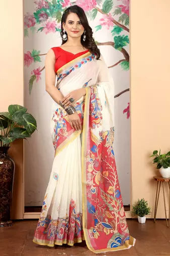 Off white linen cotton printed saree