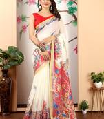 Off white linen cotton printed saree