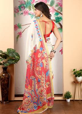 Off white linen cotton printed saree 2