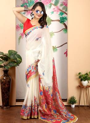 Off white linen cotton printed saree 3