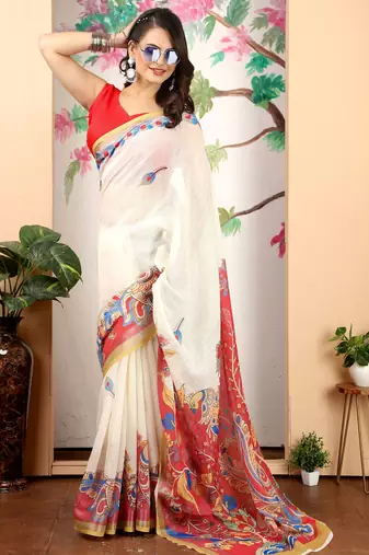 Off white linen cotton printed saree