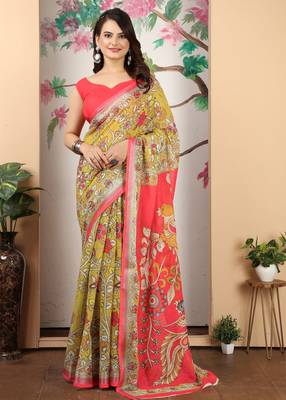 Mustard linen cotton printed saree 1