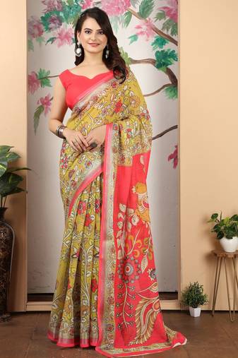 Mustard linen cotton printed saree