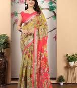 Mustard linen cotton printed saree