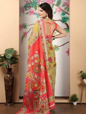 Mustard linen cotton printed saree 2
