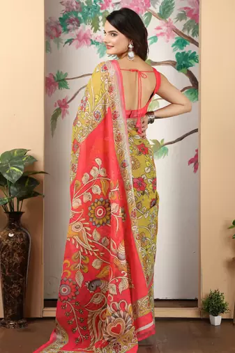 Mustard linen cotton printed saree
