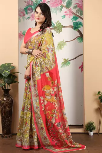 Mustard linen cotton printed saree