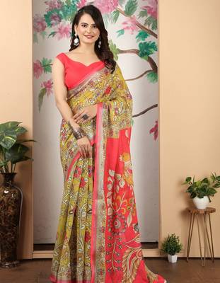 Mustard linen cotton printed saree 5