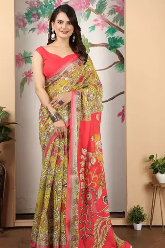 Mustard linen cotton printed saree