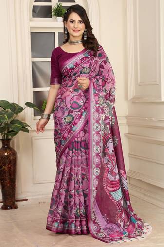 Purple linen cotton printed saree