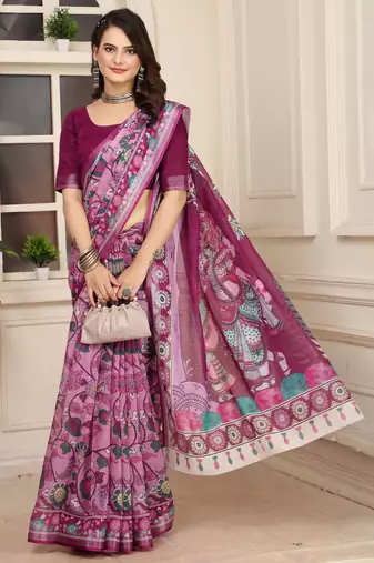 Purple linen cotton printed saree