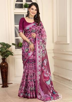 Purple linen cotton printed saree 4