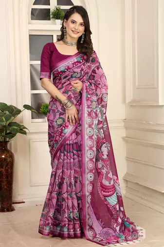 Purple linen cotton printed saree